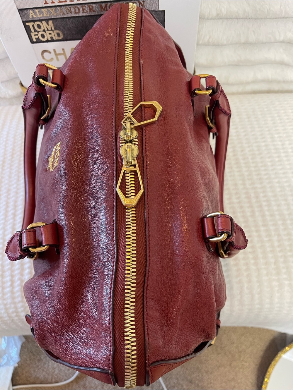 Large MCM Burgundy Leather Satchel with Gold Hardware - Picture 6 of 12